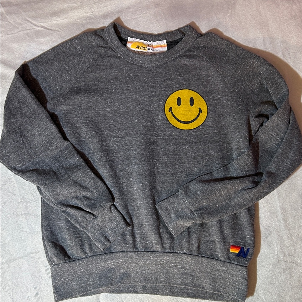 Aviator Nation Gray Sweater with Yellow Smiley